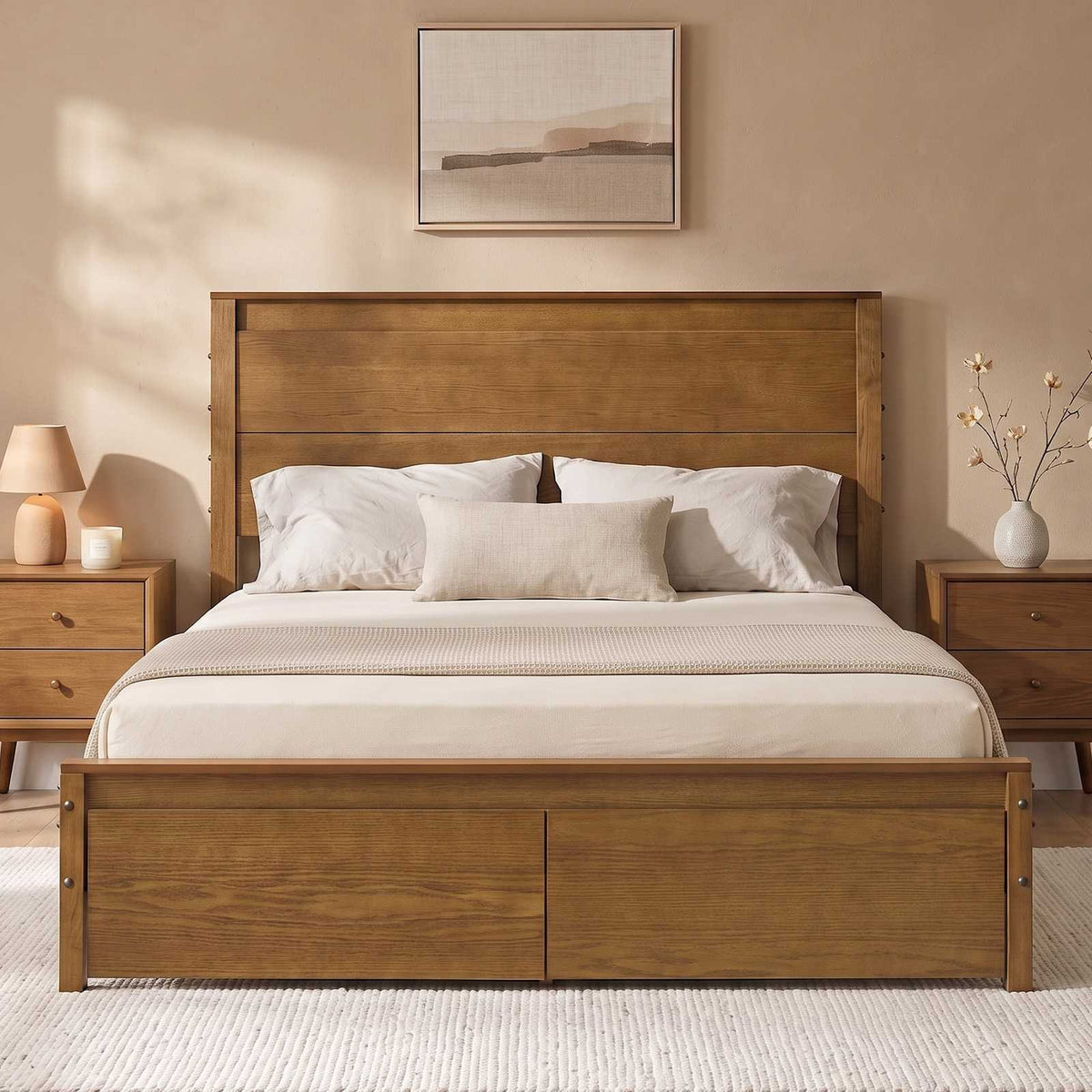 SUCSSRICH | Solid Wood Queen Bed Frame with Storage Drawers & High Headboard - Vintage Brown