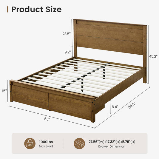 SUCSSRICH | Solid Wood Queen Bed Frame with Storage Drawers & High Headboard - Vintage Brown
