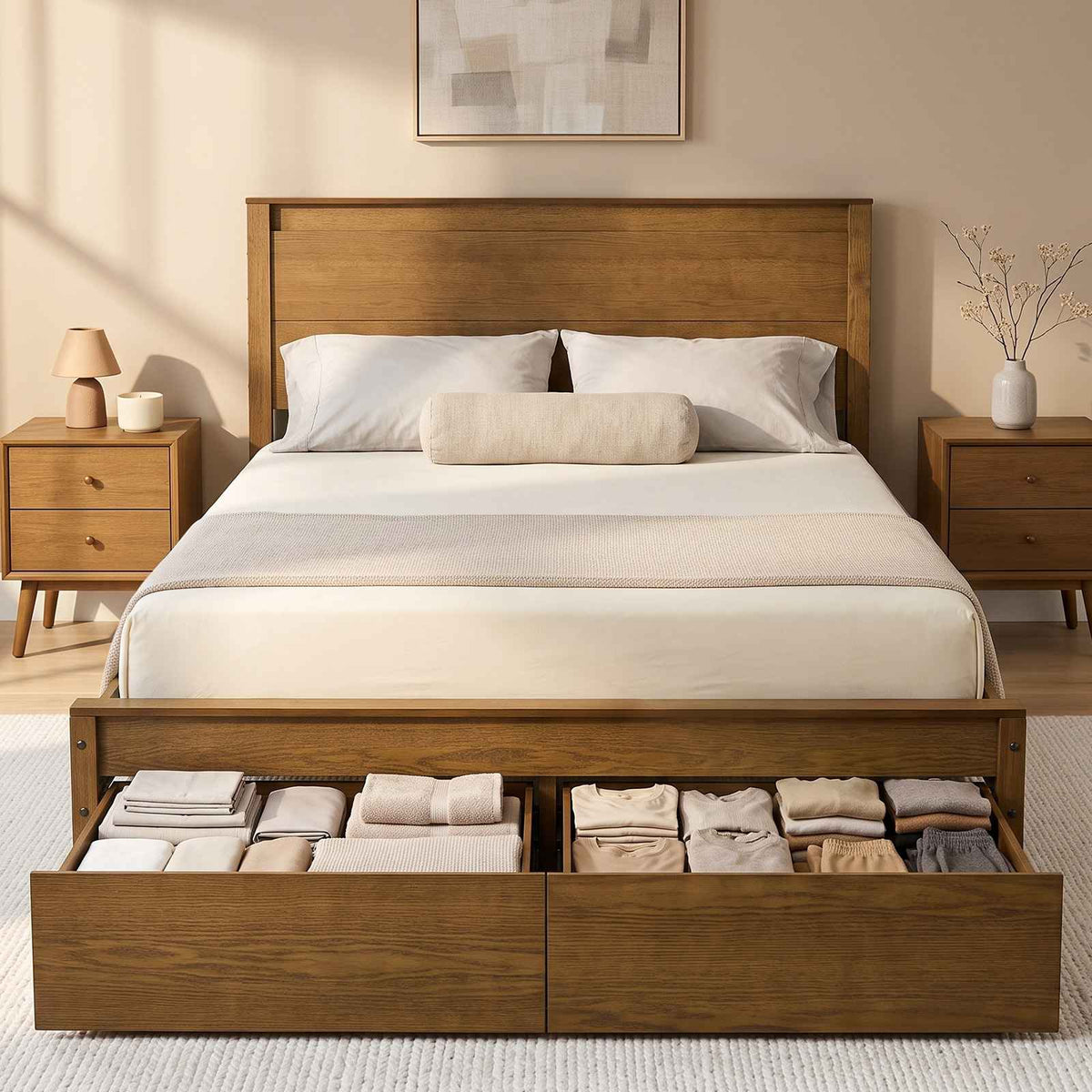 SUCSSRICH | Solid Wood Queen Bed Frame with Storage Drawers & High Headboard - Vintage Brown