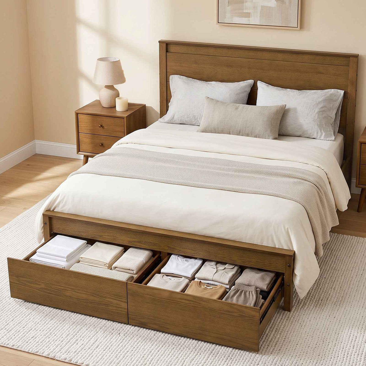 SUCSSRICH | Solid Wood Queen Bed Frame with Storage Drawers & High Headboard - Vintage Brown
