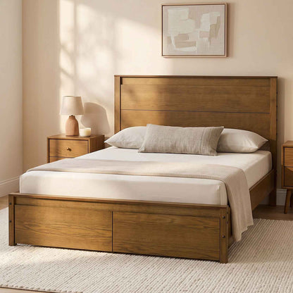 SUCSSRICH | Solid Wood Queen Bed Frame with Storage Drawers & High Headboard - Vintage Brown