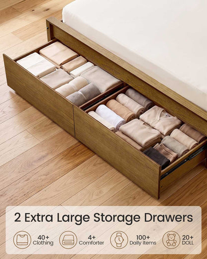 SUCSSRICH | Solid Wood Queen Bed Frame with Storage Drawers & High Headboard - Vintage Brown