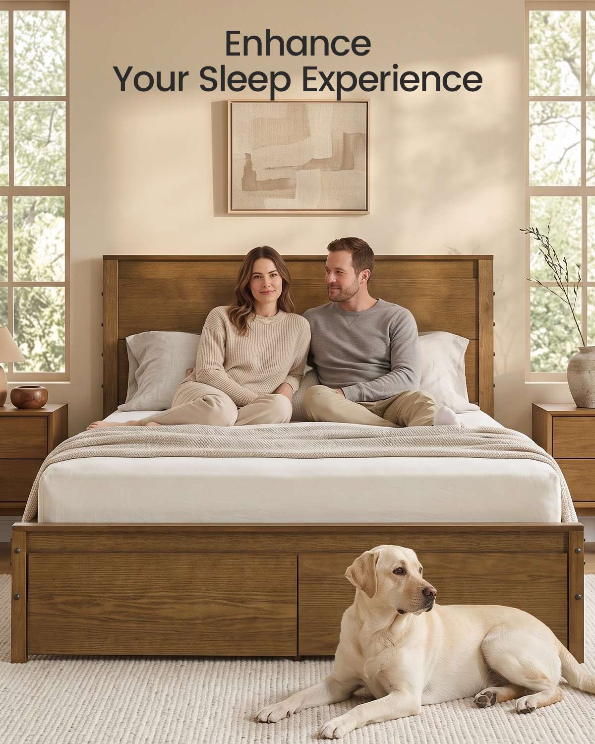 SUCSSRICH | Solid Wood Queen Bed Frame with Storage Drawers & High Headboard - Vintage Brown