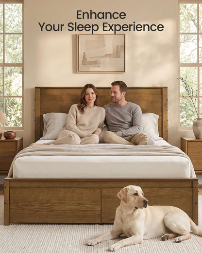SUCSSRICH | Solid Wood Queen Bed Frame with Storage Drawers & High Headboard - Vintage Brown