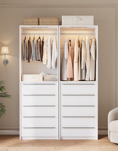 SUCSSRICH | Walk-In Closet Organizer System with 5 Drawers, Metal Hanging Rods & Motion Sensor Light (White)