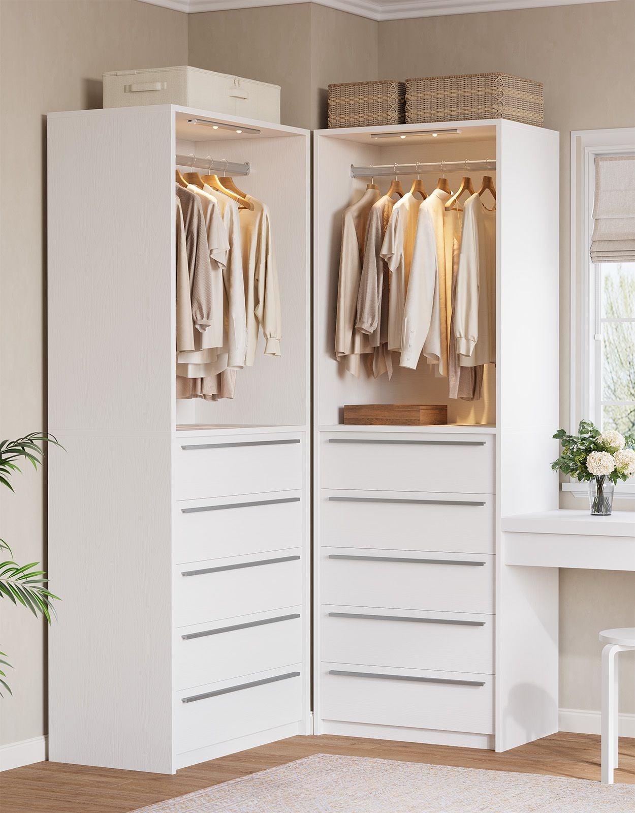 SUCSSRICH | Walk-In Closet Organizer System with 5 Drawers, Metal Hanging Rods & Motion Sensor Light (White)