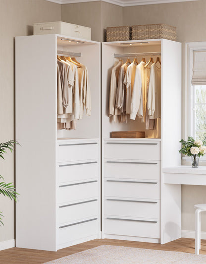 SUCSSRICH | Walk-In Closet Organizer System with 5 Drawers, Metal Hanging Rods & Motion Sensor Light (White)
