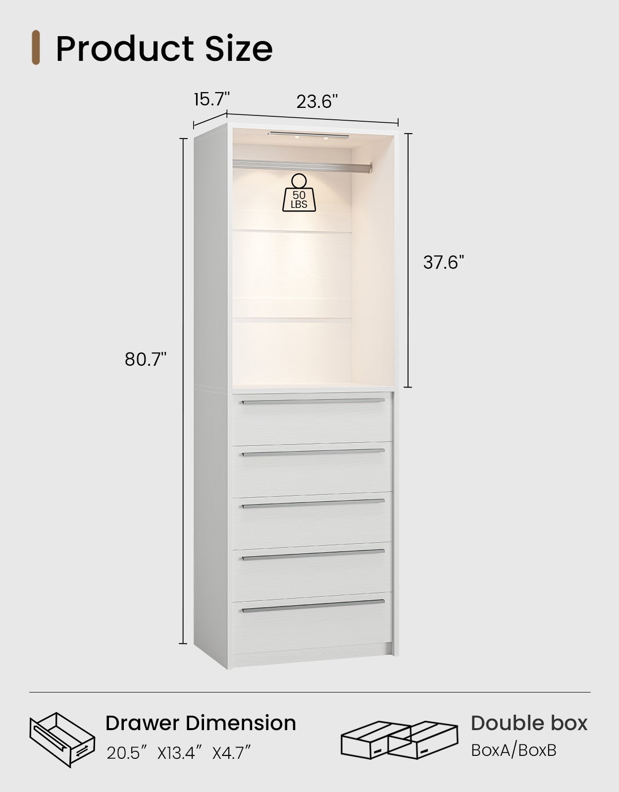 SUCSSRICH | Walk-In Closet Organizer System with 5 Drawers, Metal Hanging Rods & Motion Sensor Light (White)