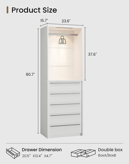 SUCSSRICH | Walk-In Closet Organizer System with 5 Drawers, Metal Hanging Rods & Motion Sensor Light (White)