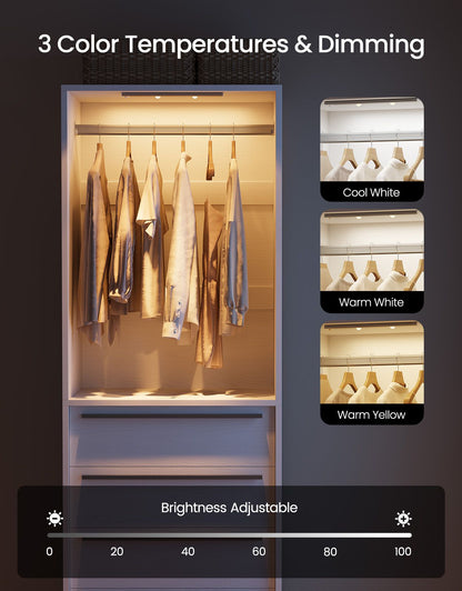 SUCSSRICH | Walk-In Closet Organizer System with 5 Drawers, Metal Hanging Rods & Motion Sensor Light (White)