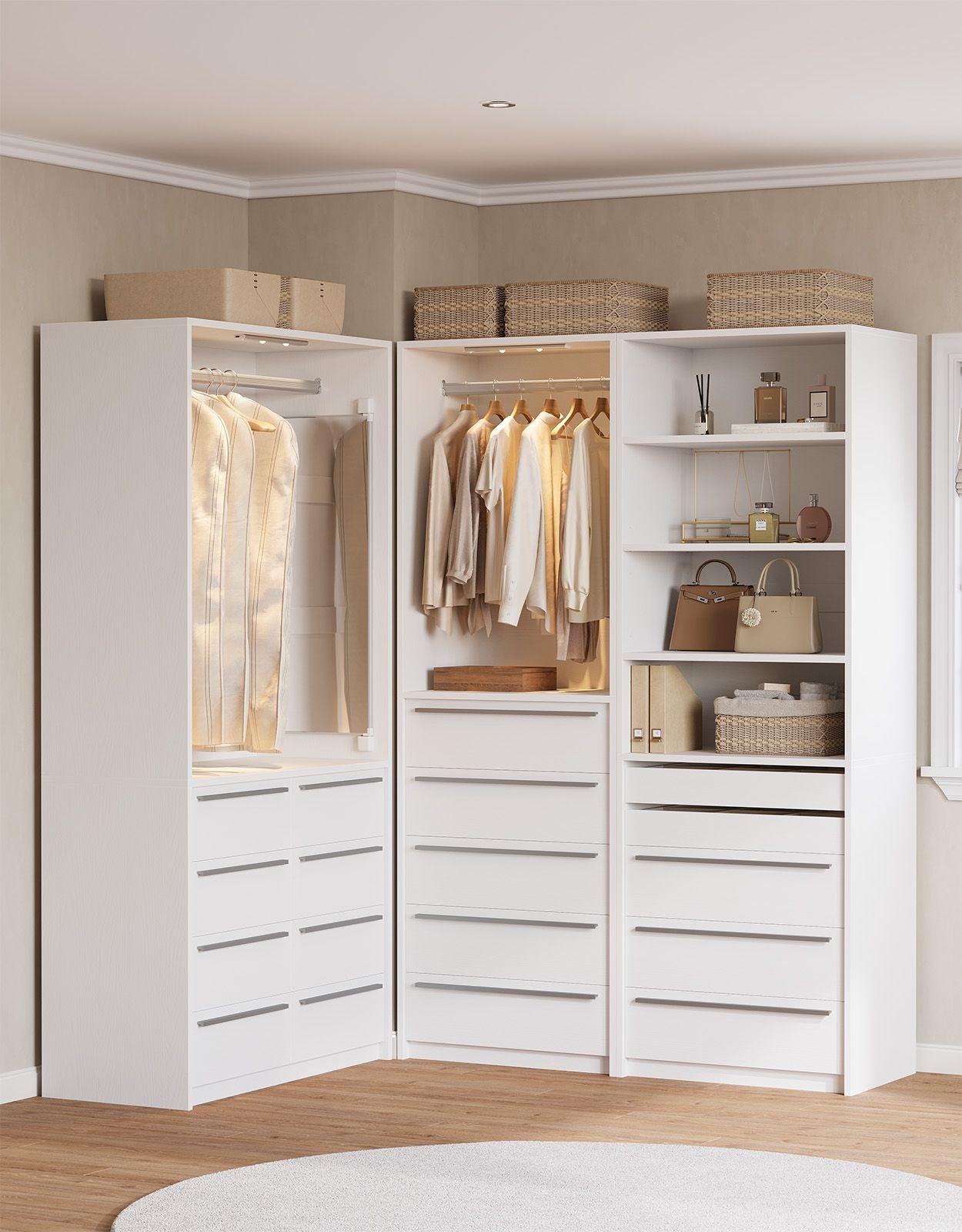 SUCSSRICH | Walk-In Closet Organizer System with 5 Drawers, Metal Hanging Rods & Motion Sensor Light (White)