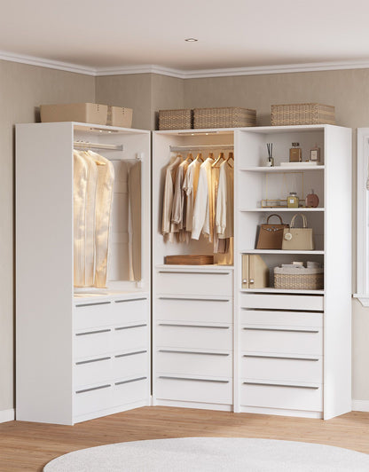 SUCSSRICH | Walk-In Closet Organizer System with 5 Drawers, Metal Hanging Rods & Motion Sensor Light (White)