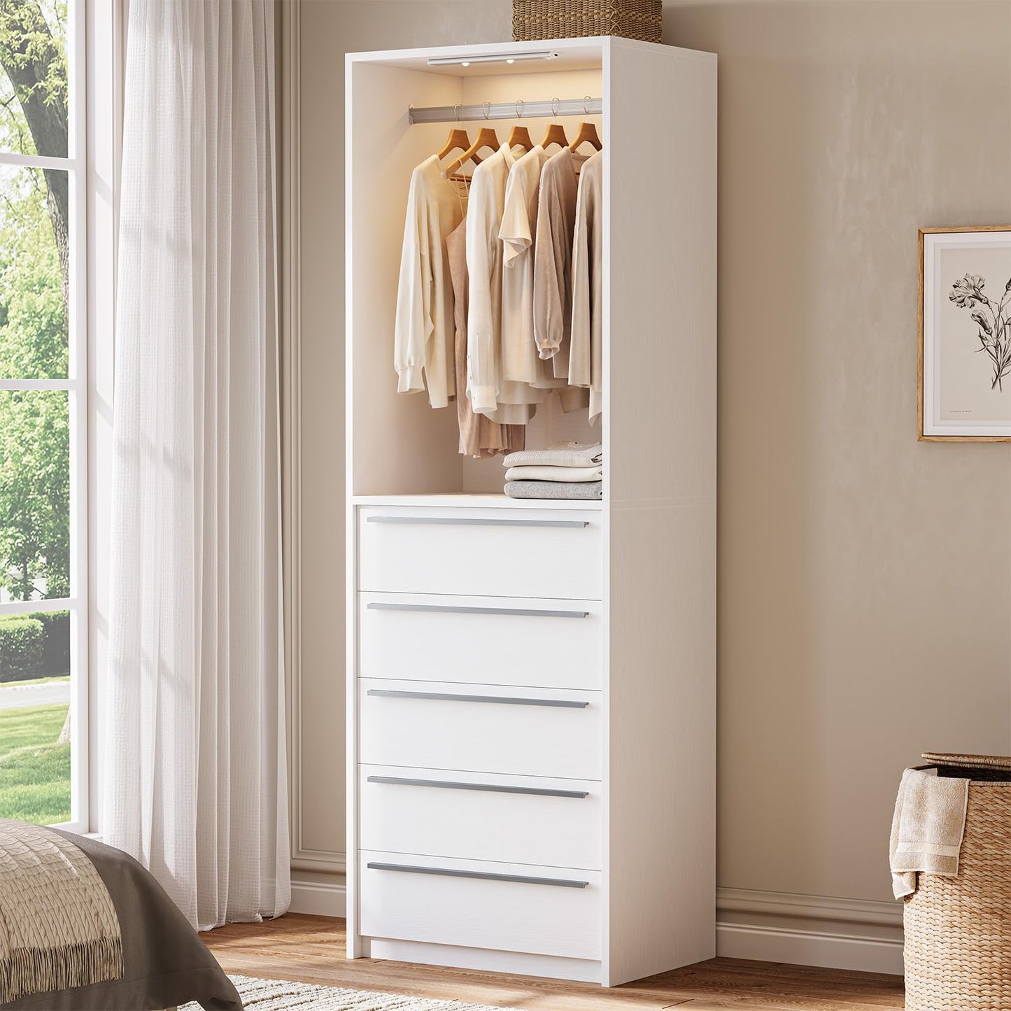 SUCSSRICH | Walk-In Closet Organizer System with 5 Drawers, Metal Hanging Rods & Motion Sensor Light (White)