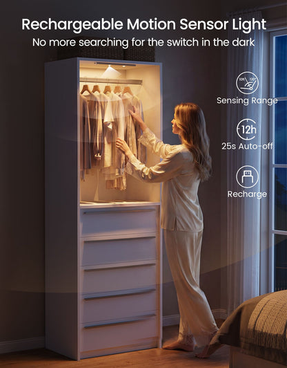 SUCSSRICH | Walk-In Closet Organizer System with 5 Drawers, Metal Hanging Rods & Motion Sensor Light (White)