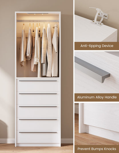 SUCSSRICH | Walk-In Closet Organizer System with 5 Drawers, Metal Hanging Rods & Motion Sensor Light (White)