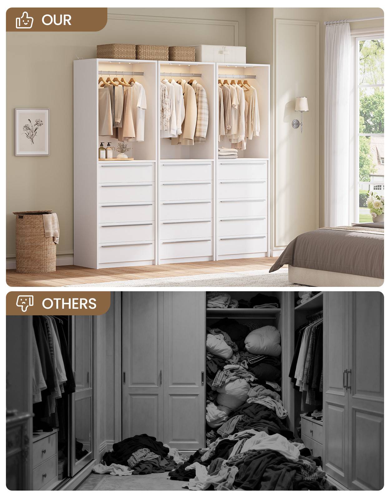 SUCSSRICH | Walk-In Closet Organizer System with 5 Drawers, Metal Hanging Rods & Motion Sensor Light (White)