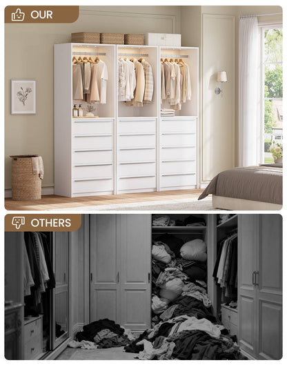 SUCSSRICH | Walk-In Closet Organizer System with 5 Drawers, Metal Hanging Rods & Motion Sensor Light (White)