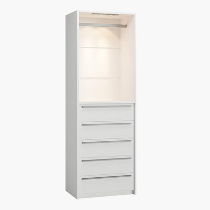 SUCSSRICH | Walk-In Closet Organizer System with 5 Drawers, Metal Hanging Rods & Motion Sensor Light (White)