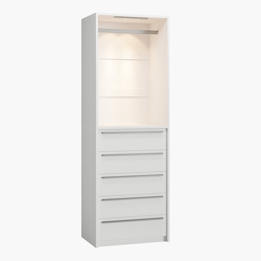 SUCSSRICH | Walk-In Closet Organizer System with 5 Drawers, Metal Hanging Rods & Motion Sensor Light (White)