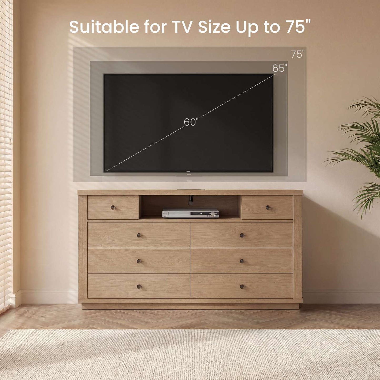 SUCSSRICH | 57" Wide Dresser with 8 Drawers, Wood Storage Chest with Charging Station, TV Stand (White Oak)