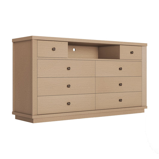 SUCSSRICH | 57" Wide Dresser with 8 Drawers, Wood Storage Chest with Charging Station, TV Stand (White Oak)