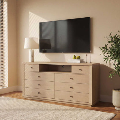 SUCSSRICH | 57" Wide Dresser with 8 Drawers, Wood Storage Chest with Charging Station, TV Stand (White Oak)