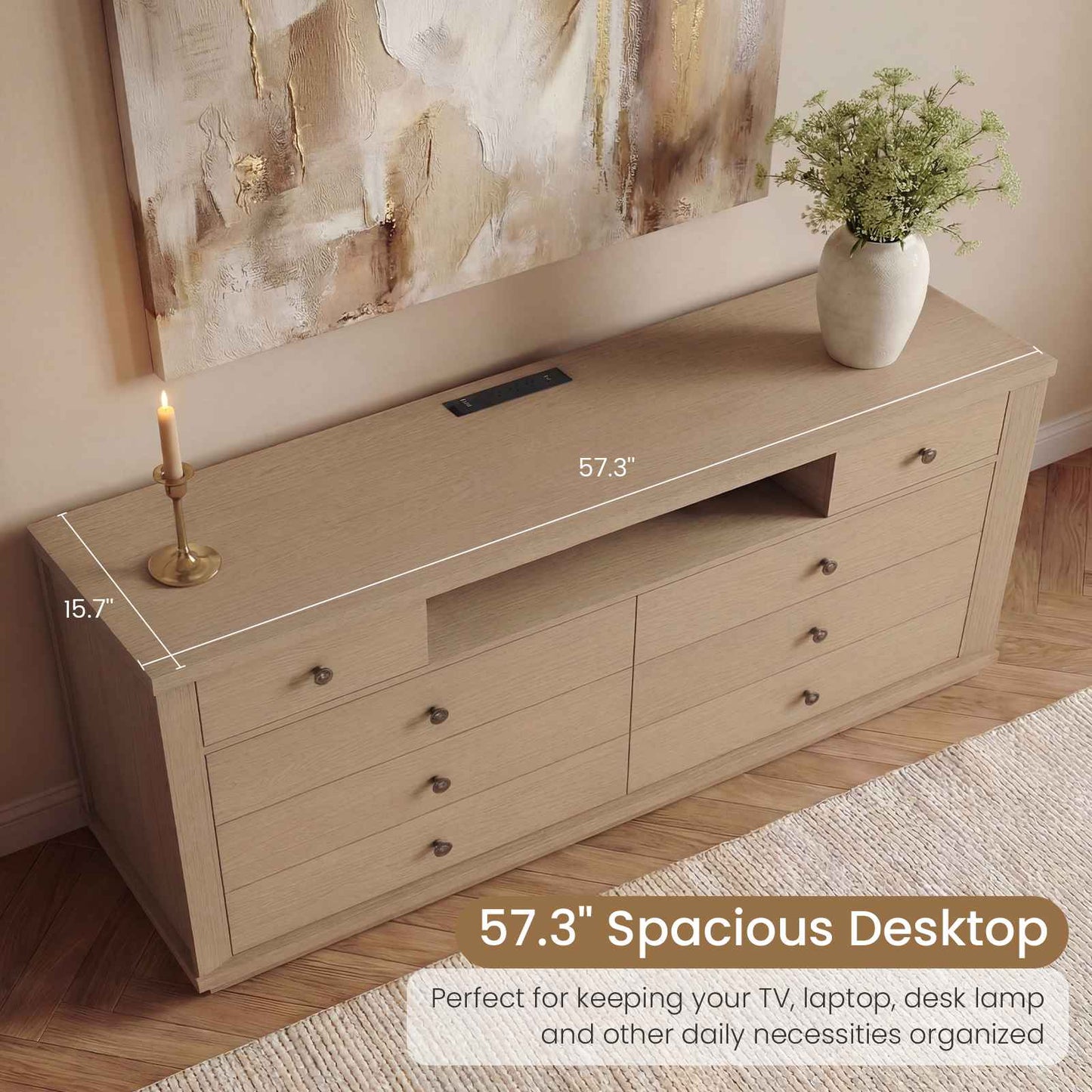 SUCSSRICH | 57" Wide Dresser with 8 Drawers, Wood Storage Chest with Charging Station, TV Stand (White Oak)
