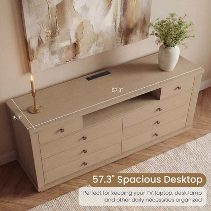 SUCSSRICH | 57" Wide Dresser with 8 Drawers, Wood Storage Chest with Charging Station, TV Stand (White Oak)