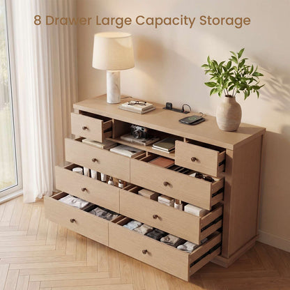 SUCSSRICH | 57" Wide Dresser with 8 Drawers, Wood Storage Chest with Charging Station, TV Stand (White Oak)