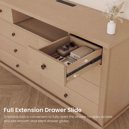 SUCSSRICH | 57" Wide Dresser with 8 Drawers, Wood Storage Chest with Charging Station, TV Stand (White Oak)