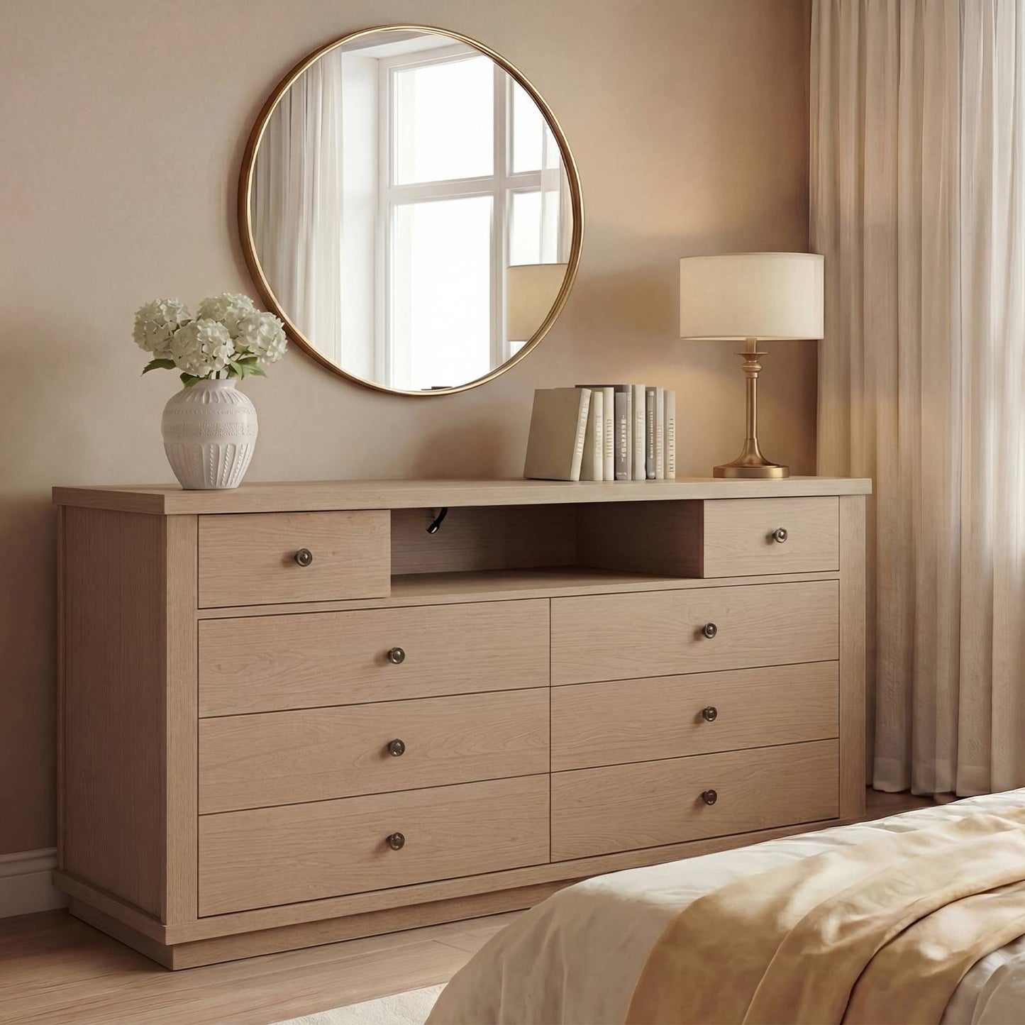 SUCSSRICH | 57" Wide Dresser with 8 Drawers, Wood Storage Chest with Charging Station, TV Stand (White Oak)