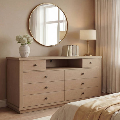 SUCSSRICH | 57" Wide Dresser with 8 Drawers, Wood Storage Chest with Charging Station, TV Stand (White Oak)