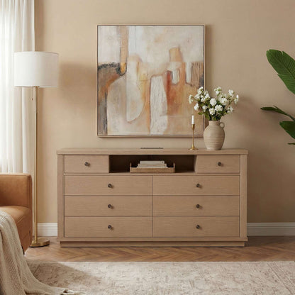 SUCSSRICH | 57" Wide Dresser with 8 Drawers, Wood Storage Chest with Charging Station, TV Stand (White Oak)