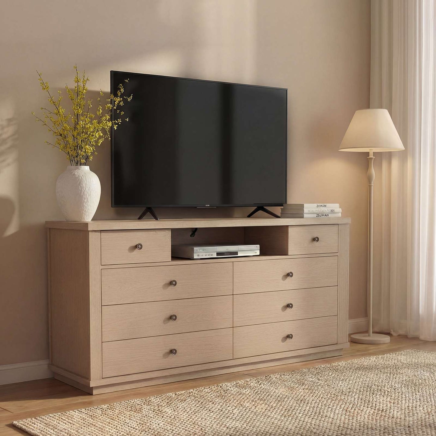 SUCSSRICH | 57" Wide Dresser with 8 Drawers, Wood Storage Chest with Charging Station, TV Stand (White Oak)