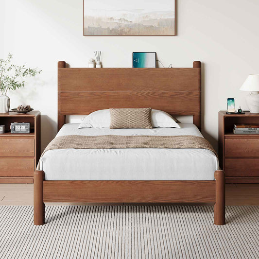 SUCSSRICH | Full Size Solid Wood Platform Bed with Headboard & Charging Station – Mid Century Platform Bed, No Box Spring Needed, Noise-Free, Easy Assembly