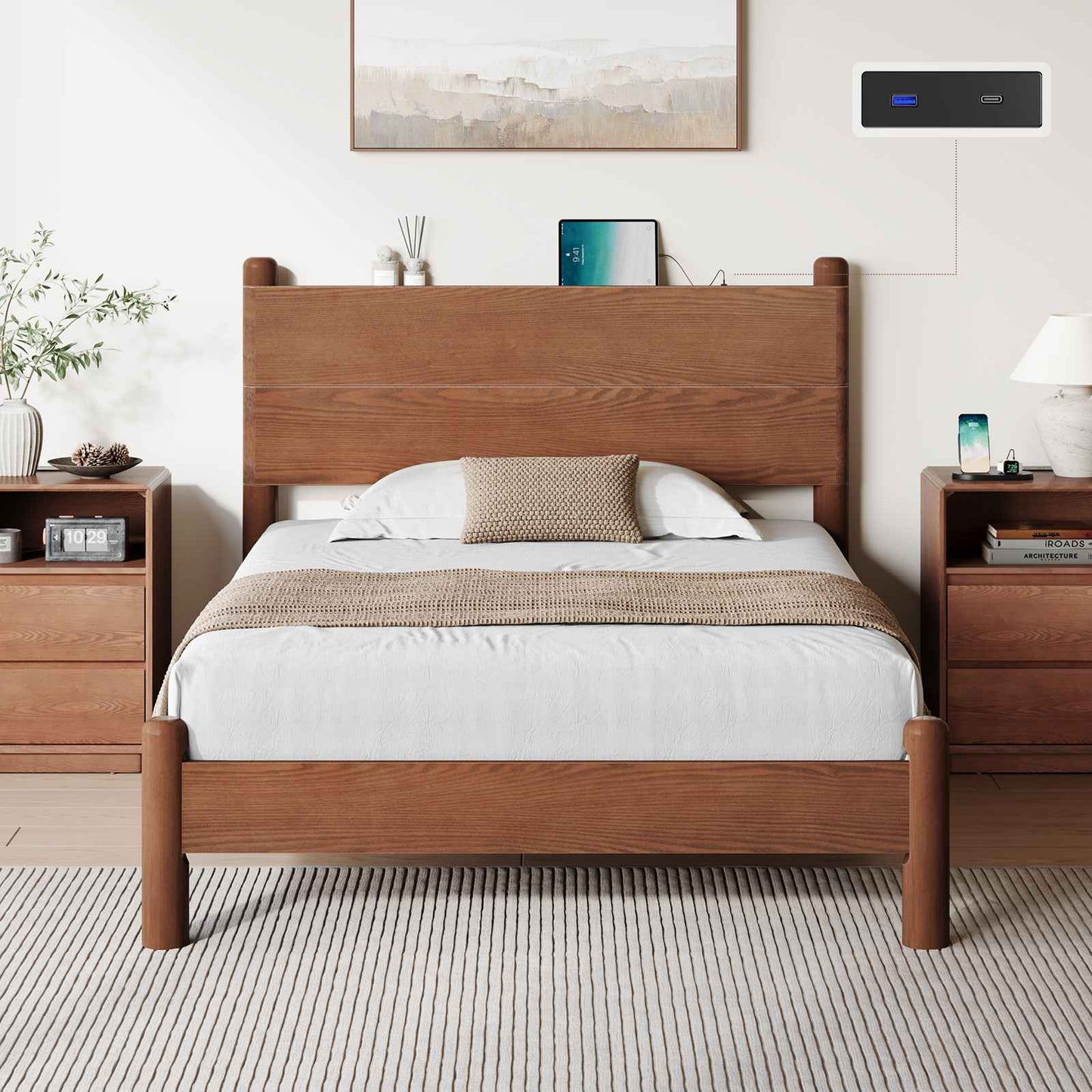 SUCSSRICH | Full Size Solid Wood Bed Frame with Headboard & Charging Station – Mid Century Platform Bed, No Box Spring Needed, Noise-Free, Easy Assembly