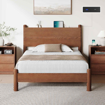 SUCSSRICH | Full Size Solid Wood Bed Frame with Headboard & Charging Station – Mid Century Platform Bed, No Box Spring Needed, Noise-Free, Easy Assembly