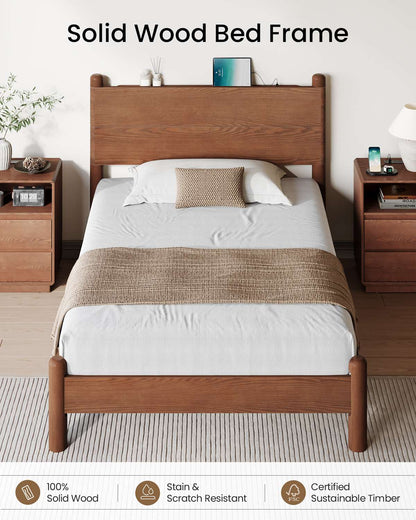SUCSSRICH | Full Size Solid Wood Bed Frame with Headboard & Charging Station – Mid Century Platform Bed, No Box Spring Needed, Noise-Free, Easy Assembly