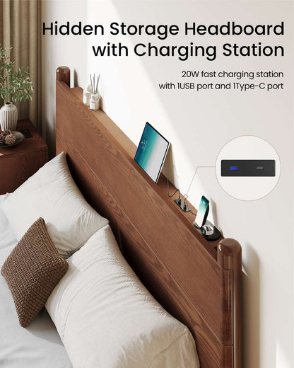 SUCSSRICH | Full Size Solid Wood Bed Frame with Headboard & Charging Station – Mid Century Platform Bed, No Box Spring Needed, Noise-Free, Easy Assembly