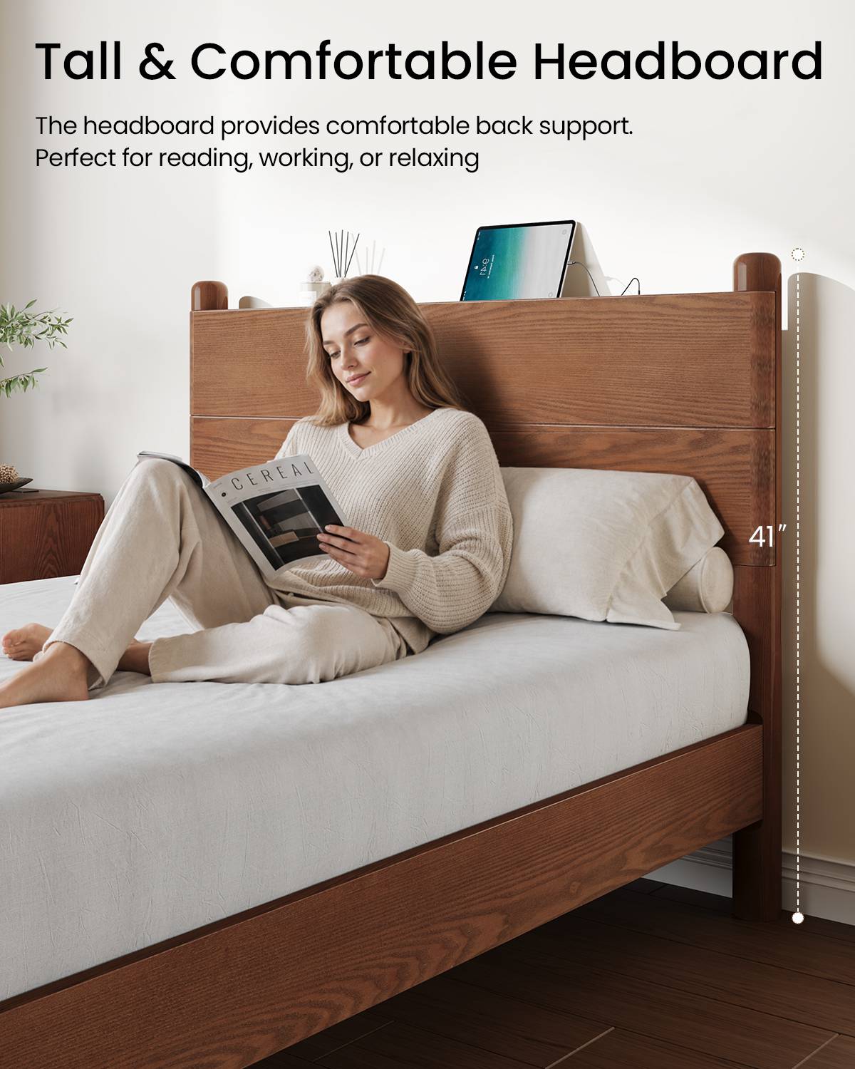 SUCSSRICH | Full Size Solid Wood Bed Frame with Headboard & Charging Station – Mid Century Platform Bed, No Box Spring Needed, Noise-Free, Easy Assembly