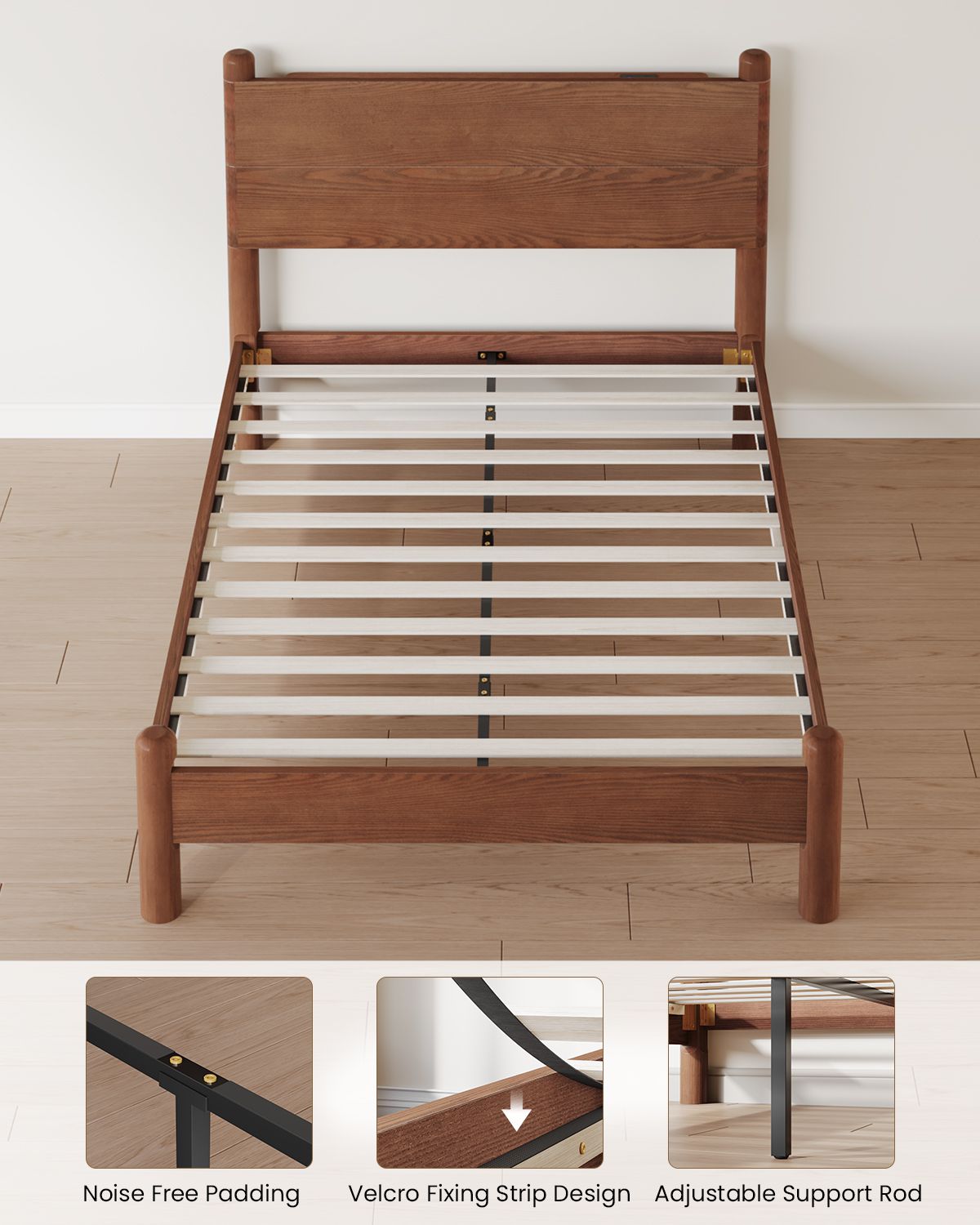 SUCSSRICH | Full Size Solid Wood Bed Frame with Headboard & Charging Station – Mid Century Platform Bed, No Box Spring Needed, Noise-Free, Easy Assembly