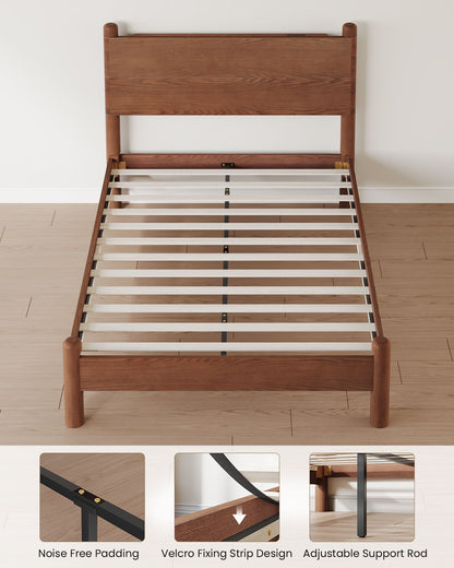 SUCSSRICH | Full Size Solid Wood Bed Frame with Headboard & Charging Station – Mid Century Platform Bed, No Box Spring Needed, Noise-Free, Easy Assembly