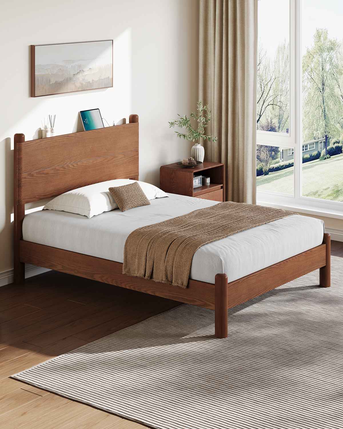 SUCSSRICH | Full Size Solid Wood Bed Frame with Headboard & Charging Station – Mid Century Platform Bed, No Box Spring Needed, Noise-Free, Easy Assembly