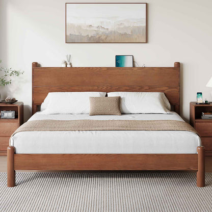 SUCSSRICH | King Size Solid Wood Bed Frame with Headboard & Charging Station – Mid Century Platform Bed, No Box Spring Needed, Noise-Free, Easy Assembly