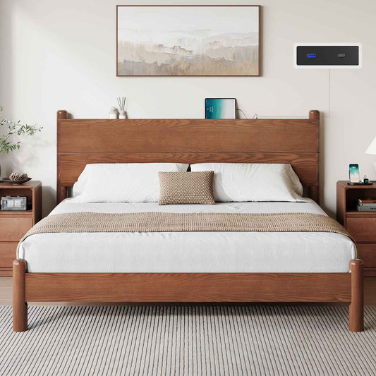 SUCSSRICH | King Size Solid Wood Platform Bed with Headboard & Charging Station – Mid Century Platform Bed, No Box Spring Needed, Noise-Free, Easy Assembly