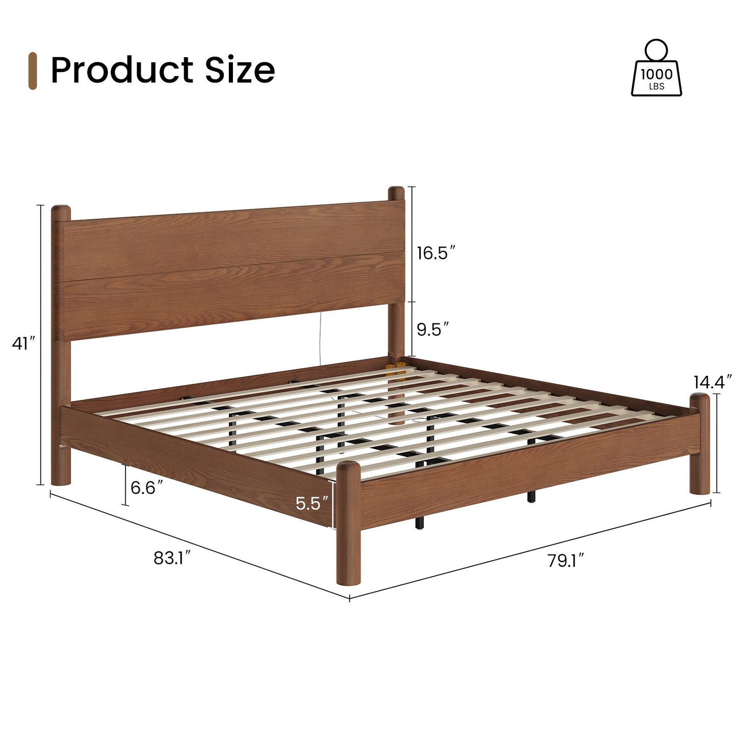 SUCSSRICH | King Size Solid Wood Bed Frame with Headboard & Charging Station – Mid Century Platform Bed, No Box Spring Needed, Noise-Free, Easy Assembly
