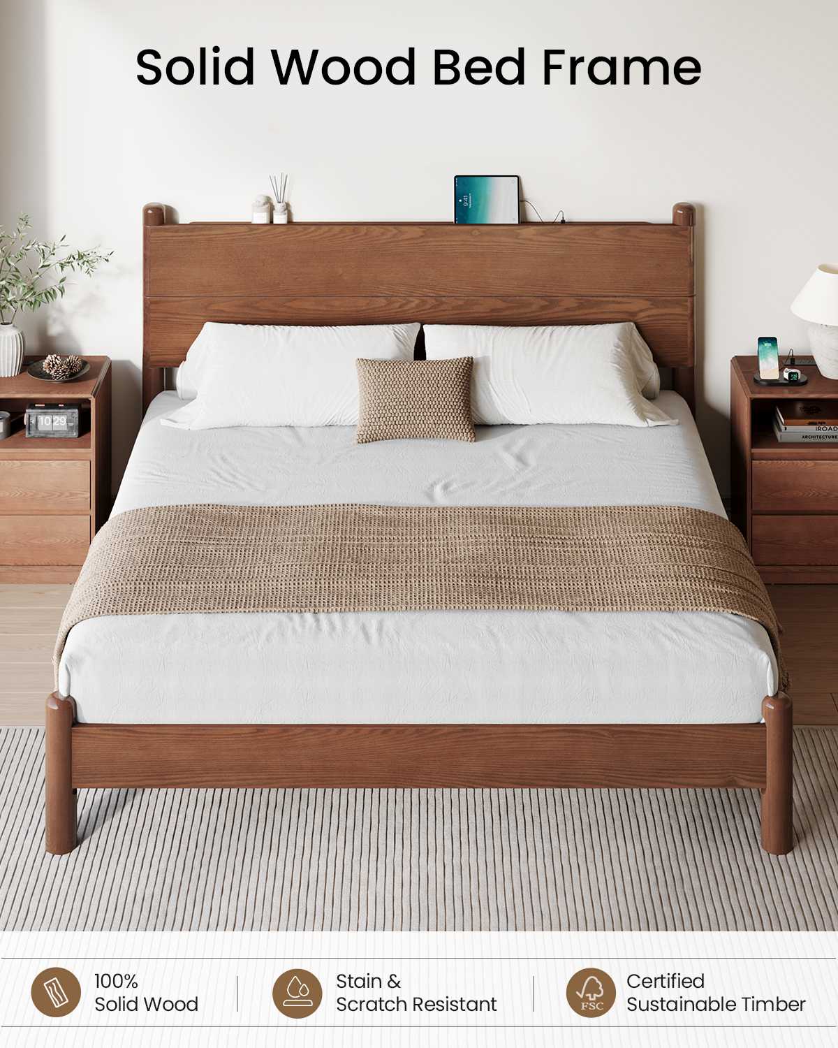 SUCSSRICH | King Size Solid Wood Bed Frame with Headboard & Charging Station – Mid Century Platform Bed, No Box Spring Needed, Noise-Free, Easy Assembly