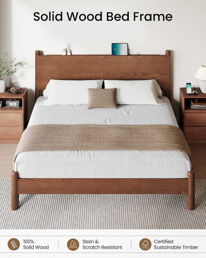 SUCSSRICH | King Size Solid Wood Bed Frame with Headboard & Charging Station – Mid Century Platform Bed, No Box Spring Needed, Noise-Free, Easy Assembly