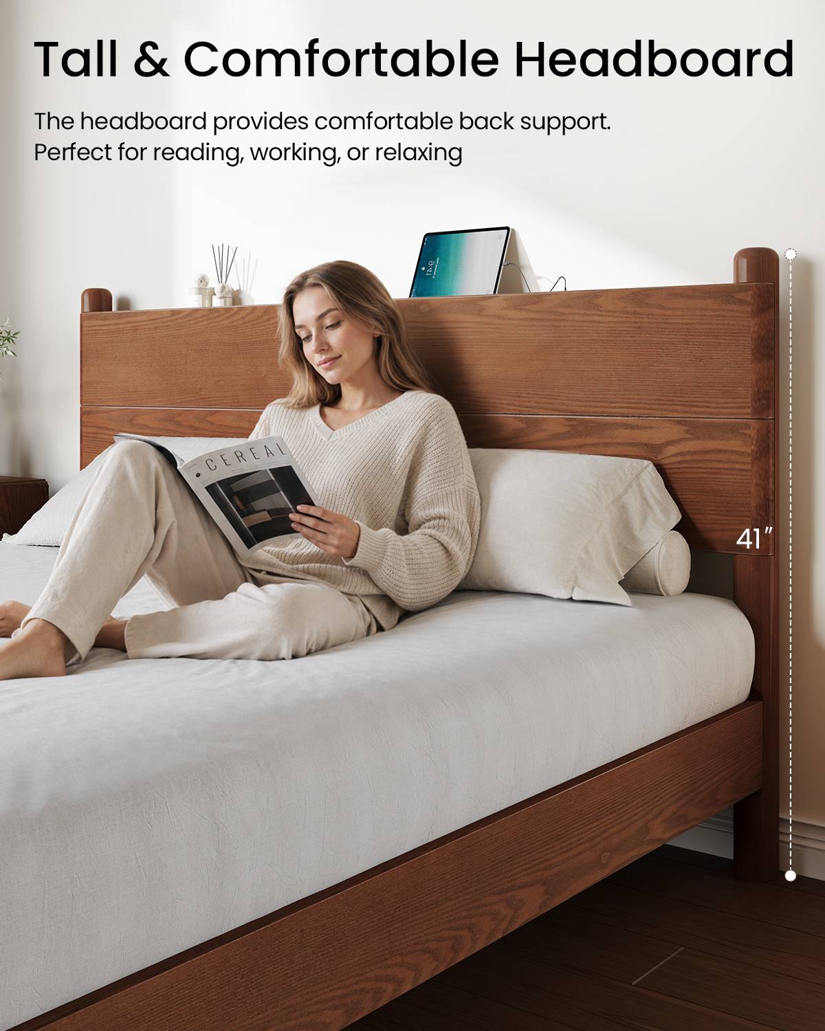 SUCSSRICH | King Size Solid Wood Bed Frame with Headboard & Charging Station – Mid Century Platform Bed, No Box Spring Needed, Noise-Free, Easy Assembly