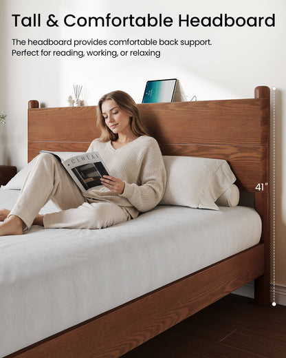 SUCSSRICH | King Size Solid Wood Bed Frame with Headboard & Charging Station – Mid Century Platform Bed, No Box Spring Needed, Noise-Free, Easy Assembly